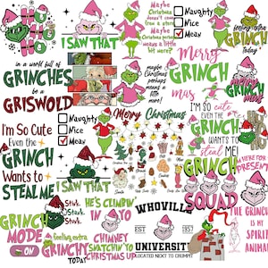 May include: A collage of Grinch-themed graphics and text. The design includes various Grinch illustrations wearing Santa hats, along with phrases like "Merry Grinchmas," "I saw that," and "Grinch Squad." The color palette is primarily green, pink, and white.