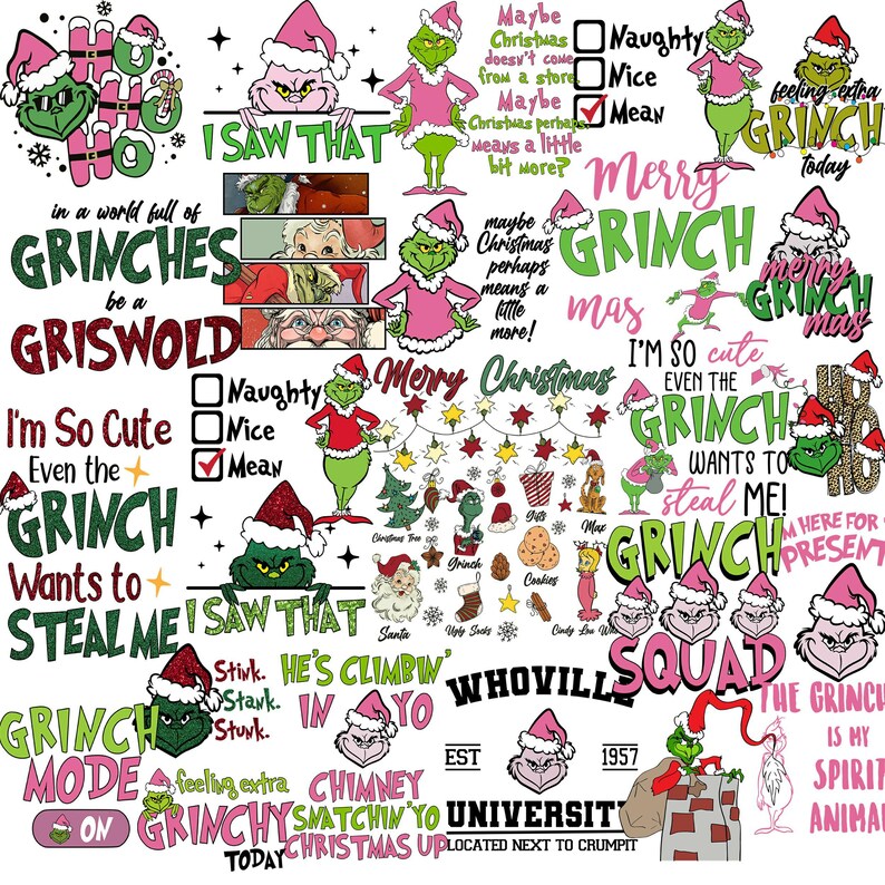 May include: A collage of Grinch-themed graphics and text. The design includes various Grinch illustrations wearing Santa hats, along with phrases like "Merry Grinchmas," "I saw that," and "Grinch Squad." The color palette is primarily green, pink, and white.
