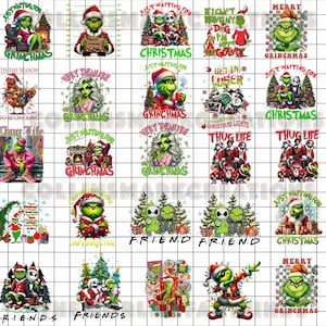 May include: A grid of Christmas-themed designs featuring the Grinch character. The designs include the Grinch in various poses, text like "Merry Grinchmas", and other holiday-related phrases. The color palette is primarily green, red, and white.