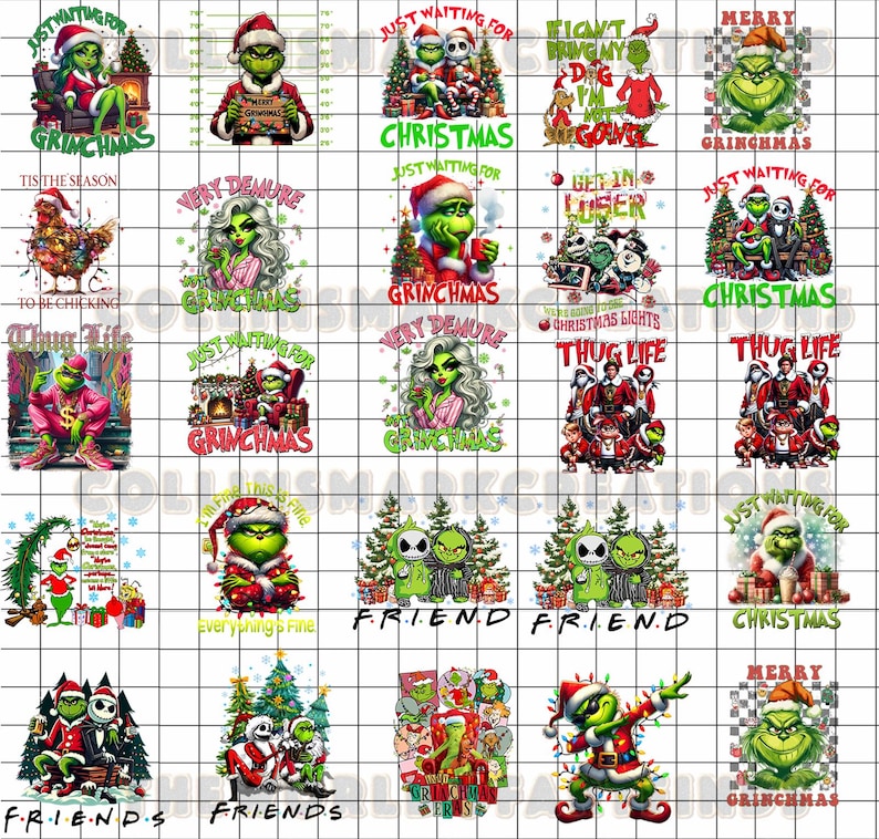 May include: A grid of Christmas-themed designs featuring the Grinch character. The designs include the Grinch in various poses, text like "Merry Grinchmas", and other holiday-related phrases. The color palette is primarily green, red, and white.