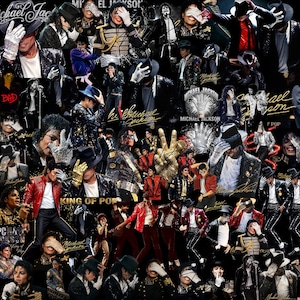 May include: A collage featuring multiple images of Michael Jackson in various poses and outfits. The images include the text "Michael Jackson" and "King of Pop". The color scheme is primarily black, white, and gold.
