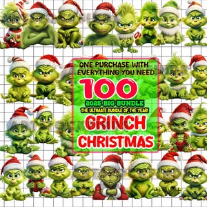 May include: A collection of green Grinch characters wearing Santa hats, with a central graphic that reads "ONE PURCHASE WITH EVERYTHING YOU NEED 100 2025 BIG BUNDLE THE ULTIMATE BUNDLE OF THE YEAR! GRINCH CHRISTMAS."