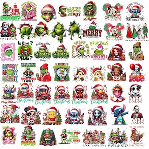 May include: A collection of Christmas-themed graphic designs featuring characters like the Grinch, Stitch, and Disney characters. Designs include text like "Merry Christmas," "Grinchmas," and "Is this jolly enough?" in various fonts and colors.