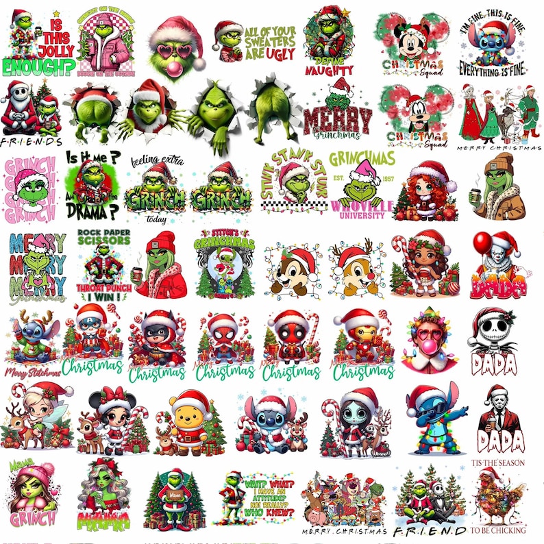 May include: A collection of Christmas-themed graphic designs featuring characters like the Grinch, Stitch, and Disney characters. Designs include text like "Merry Christmas," "Grinchmas," and "Is this jolly enough?" in various fonts and colors.