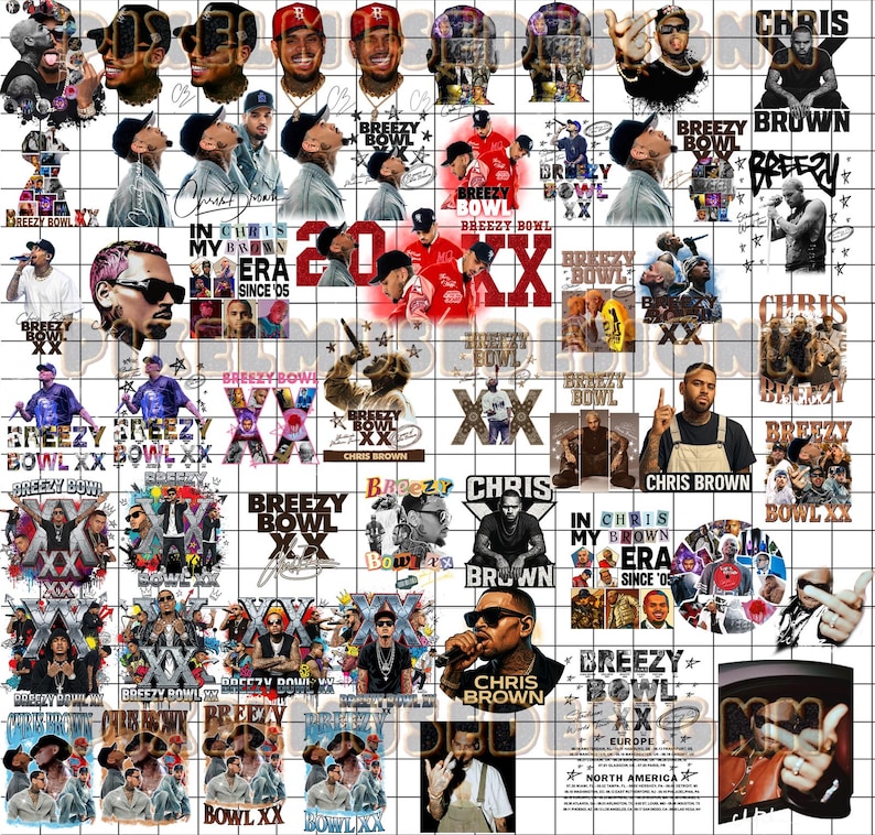 May include: A collage of images featuring Chris Brown, with text including "Breezy Bowl," "Chris Brown," and "In Chris My Brown Era Since '05." The images vary, including portraits, logos, and event graphics, in a grid layout.