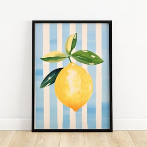 Zitrone Wand Kunstdruck, Aquarell Zitrone, Blau Streifen, Obst Küchen Dekor, Mediterrane Zitrus Kunstwerke, Moderne Sommer Kunstdrucke