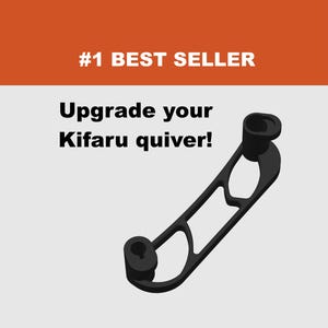 May include: A black accessory for a Kifaru quiver. The image includes the text "#1 BEST SELLER" and "Upgrade your Kifaru quiver!" The accessory has a unique design with two circular ends and a curved, open-frame body.