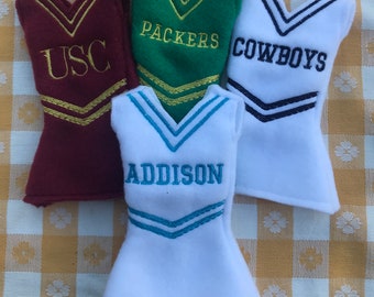 Custom Choose Your Team, Player or School Girl Elf Cheer Dress, 12 Inch Doll Sweater