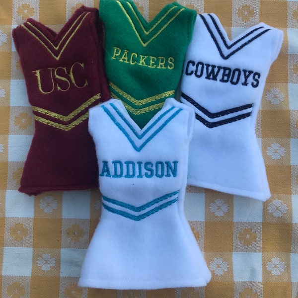 Custom Choose Your Team, Player or School Girl Elf Cheer Dress, 12 Inch Doll Sweater