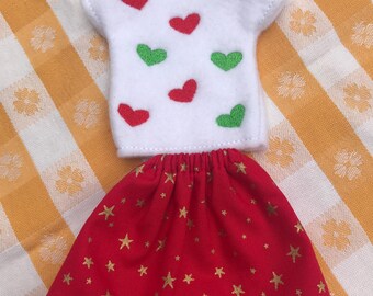 Christmas Red and Green Heart Elf Sweater, !2 inch Fashion Doll Christmas Sweater