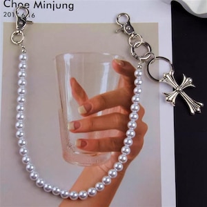 Cadena para bolso con perla cruzada, cadena gótica para billetera, cadena de cintura en capas, cadena para bolso con llavero, cadena para billetera de jeans, cadena para billetera punk, llavero Y2K