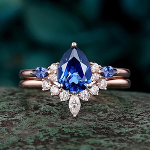 Unique Pear Shape Sapphire Engagement Ring Set, Vintage Rose Gold Wedding Ring, Blue Stone Bridal Set, Promise Anniversary Ring for Women