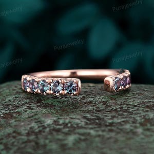 Open Gap Alexandrite Engagement Band, Rose Gold June Birthstone Wedding Matching Straight Band Promise Engagement ring Enhancer for Woman