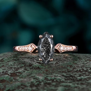 Vintage Marquise Cut Salt and Pepper Diamond Engagement Ring, Unique Black Diamond Wedding Ring  Rose Gold Platinum Promise Ring for Woman