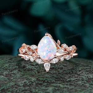 Pear Shape White Fire Opal Engagement Ring Set: Natural Inspired Leaf Diamond Wedding Promise Ring, Solid Rose Gold, Silver 24K Gold Plated