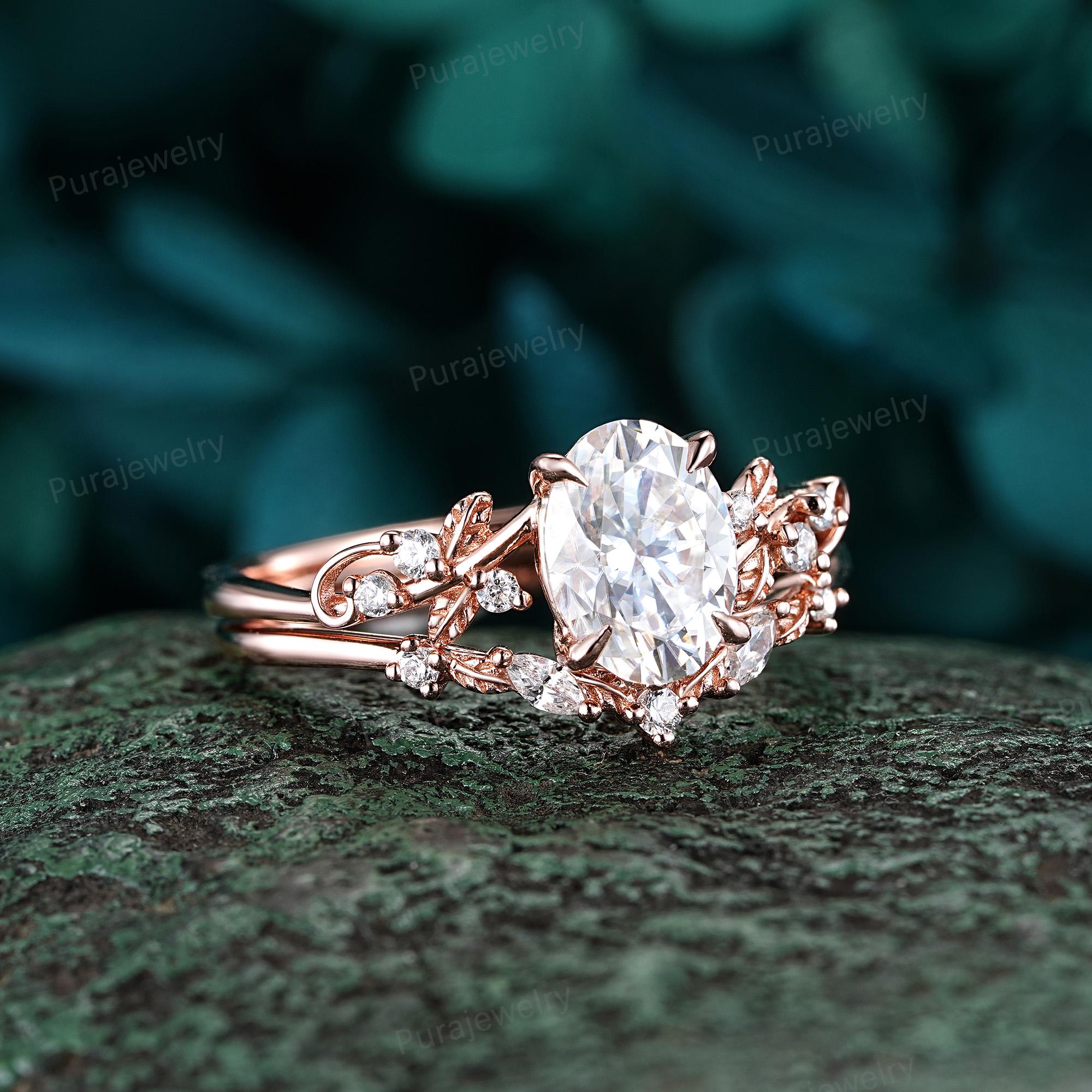Unique Oval Shape Clear Moissanite Leaf Engagement Ring Set