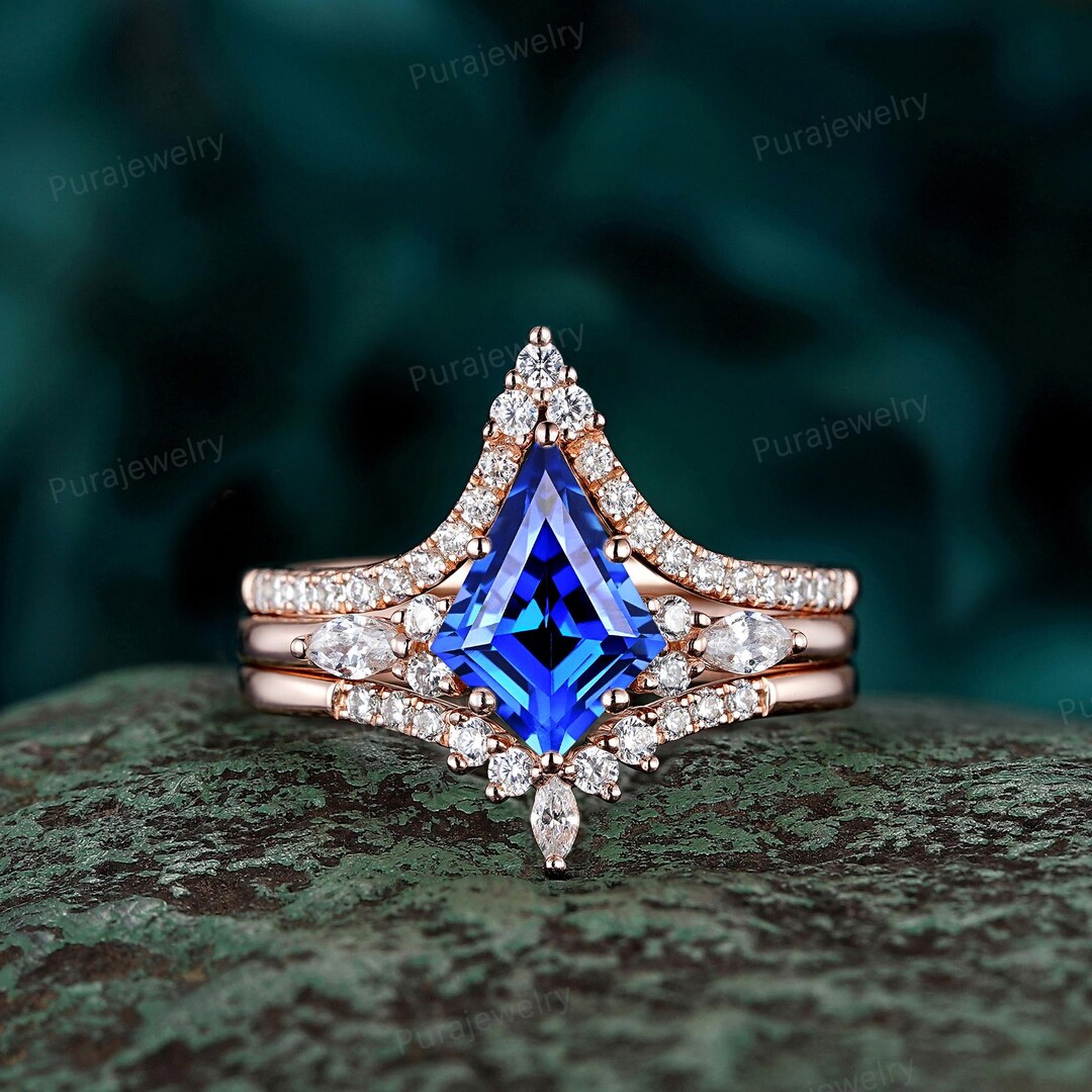 Solid Rings Blue 3PCS Kite Cut Blue Sapphire Engagement Ring Set: Curved Promise Ring ...