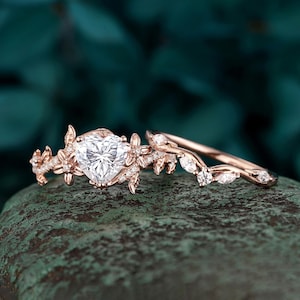Unique Heart Shape Moissanite Engagement Ring Set, Natural Inspired Leaf Rose Flower Diamond Wedding Ring Gift For Girl Floral Promise Ring