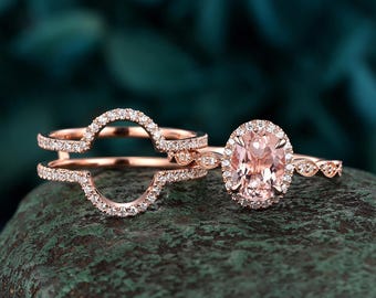 3PCS Oval Shape Peach Morganite Bridal Set, Ring Guard Spacer Engagement Ring, Soldered Wedding Band Halo Diamond Rose Gold Promise Ring