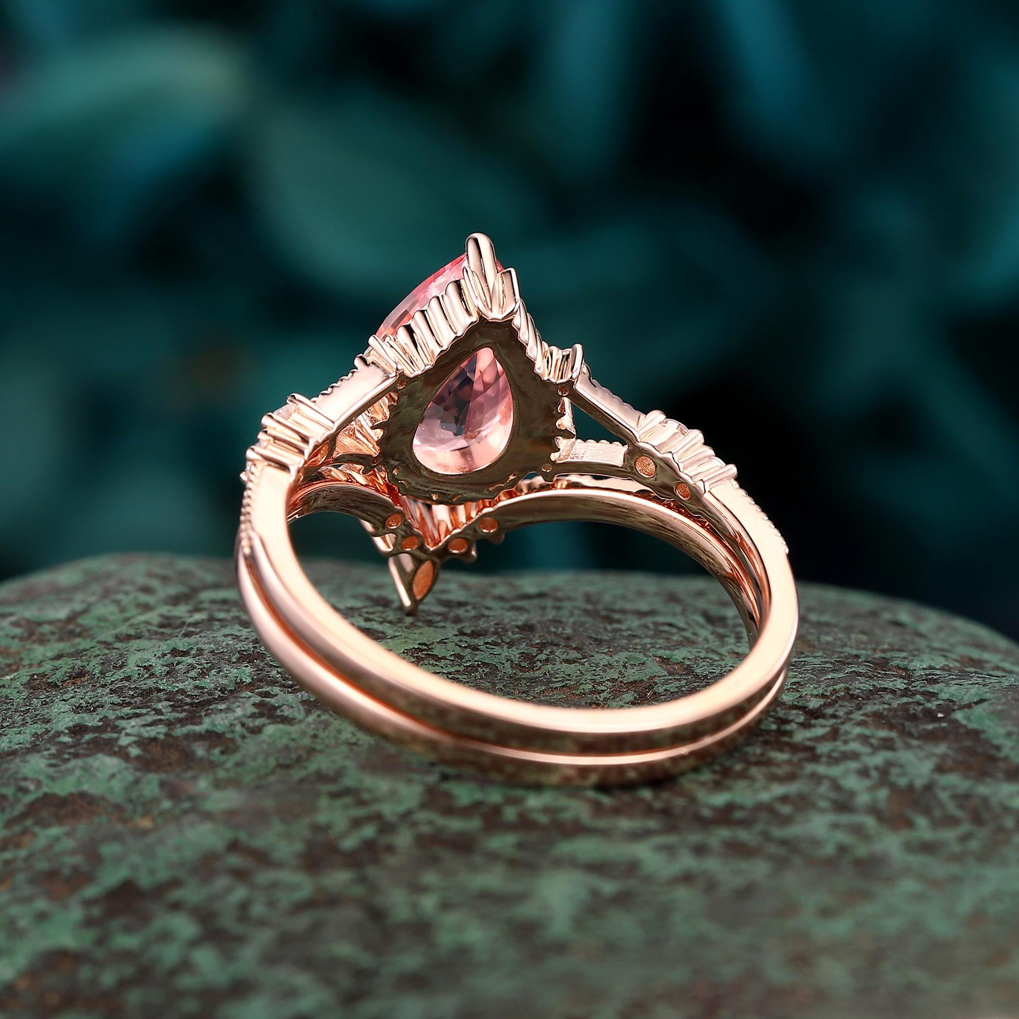 Unique Split Shank Pear Shape Pink Sapphire Engagement Ring Set ...