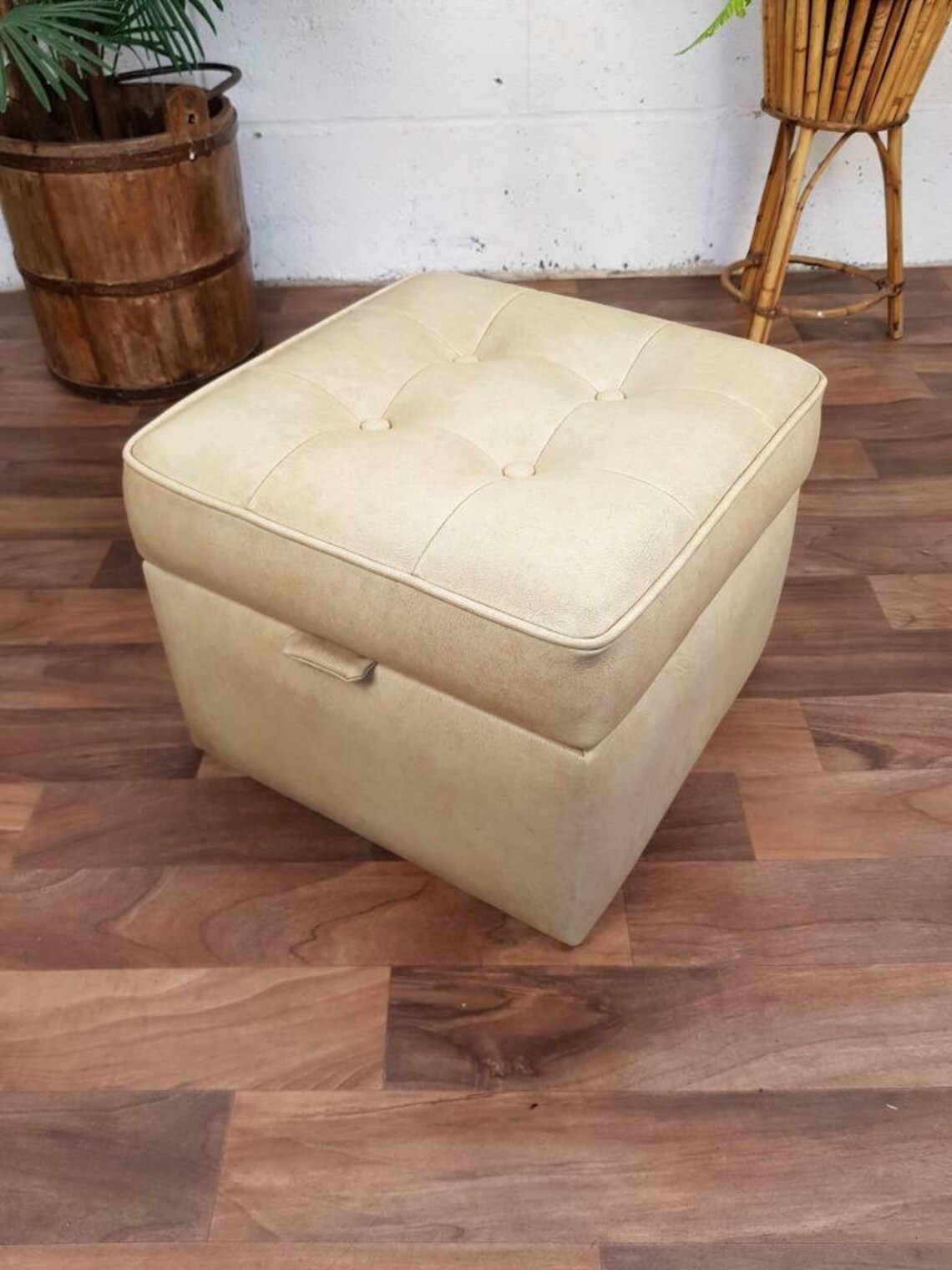 Vintage 70s Cream Vinyl Storage Pouffe Mid Century Foot Stool Etsy