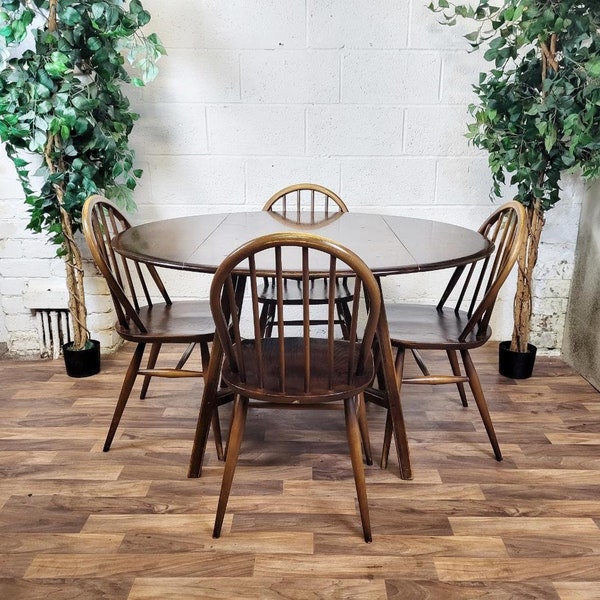 Vintage Ercol Dropleaf Dining Table & 4 Hoopback Chairs Dark Stain