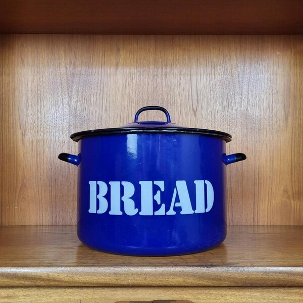 Vintage Dark Blue & White Enamel Bread Bin Mid-Century Retro