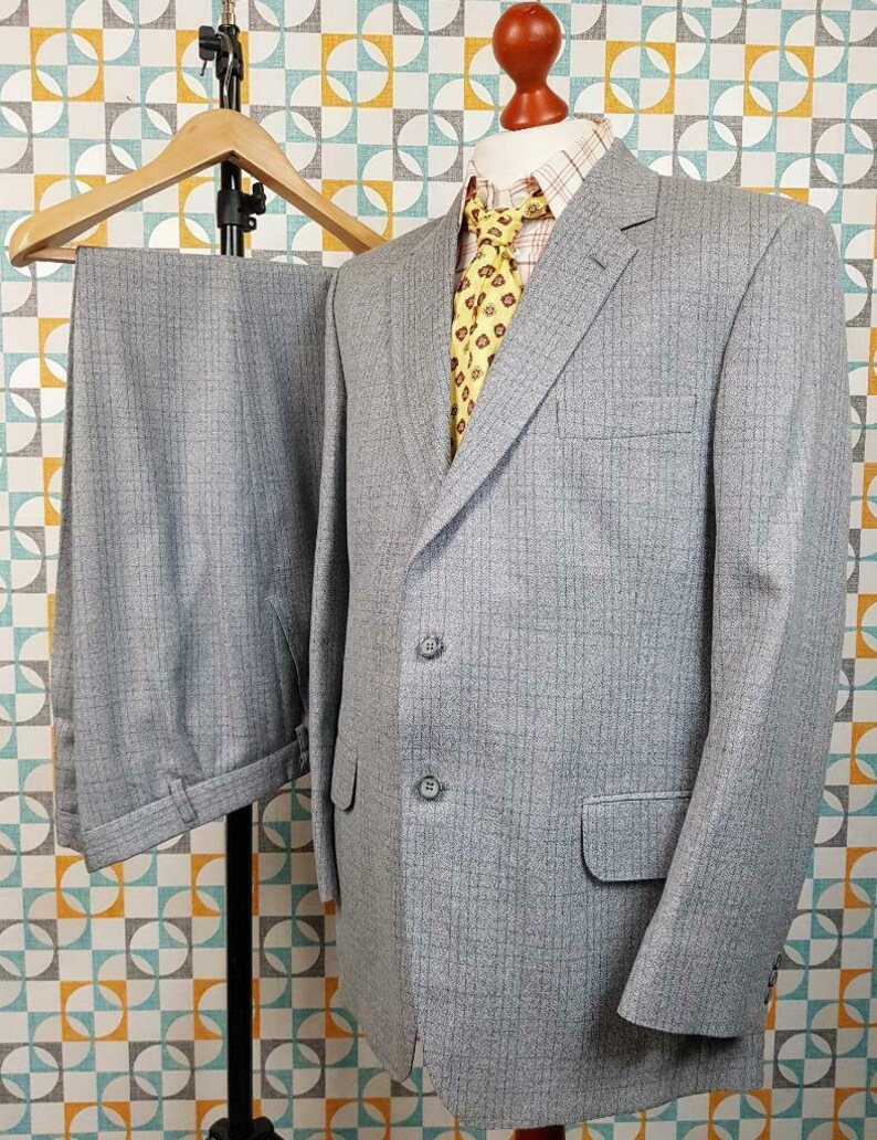 44R W38 Vintage 1980 Mens Bespoke Wool Suit Grey Blue Check D391