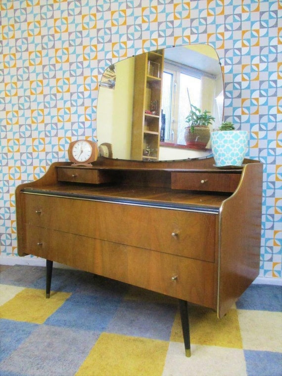 Vintage 1960s Bedroom Dressing Table And Mirror Walnut Veneer Retro Mid Century