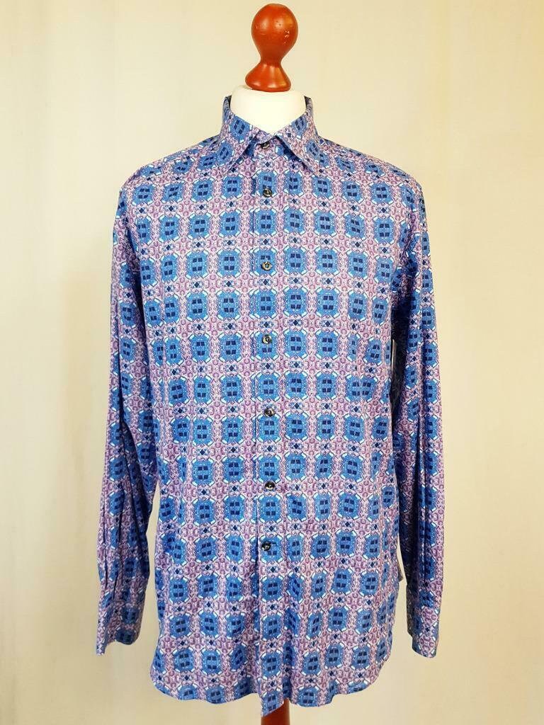 Image of xl Mens 70S Vintage Style Shirt Blue & Purple Groovy Pattern Retro D360