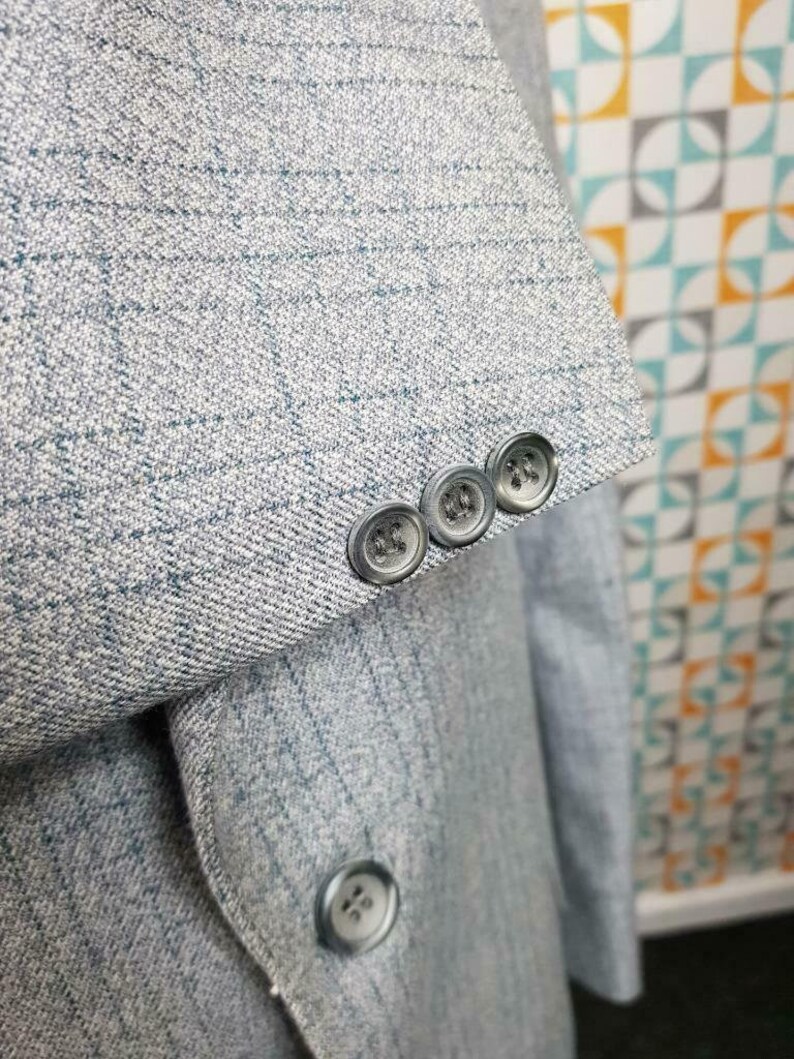 44R W38 Vintage 1980 Mens Bespoke Wool Suit Grey Blue Check D391