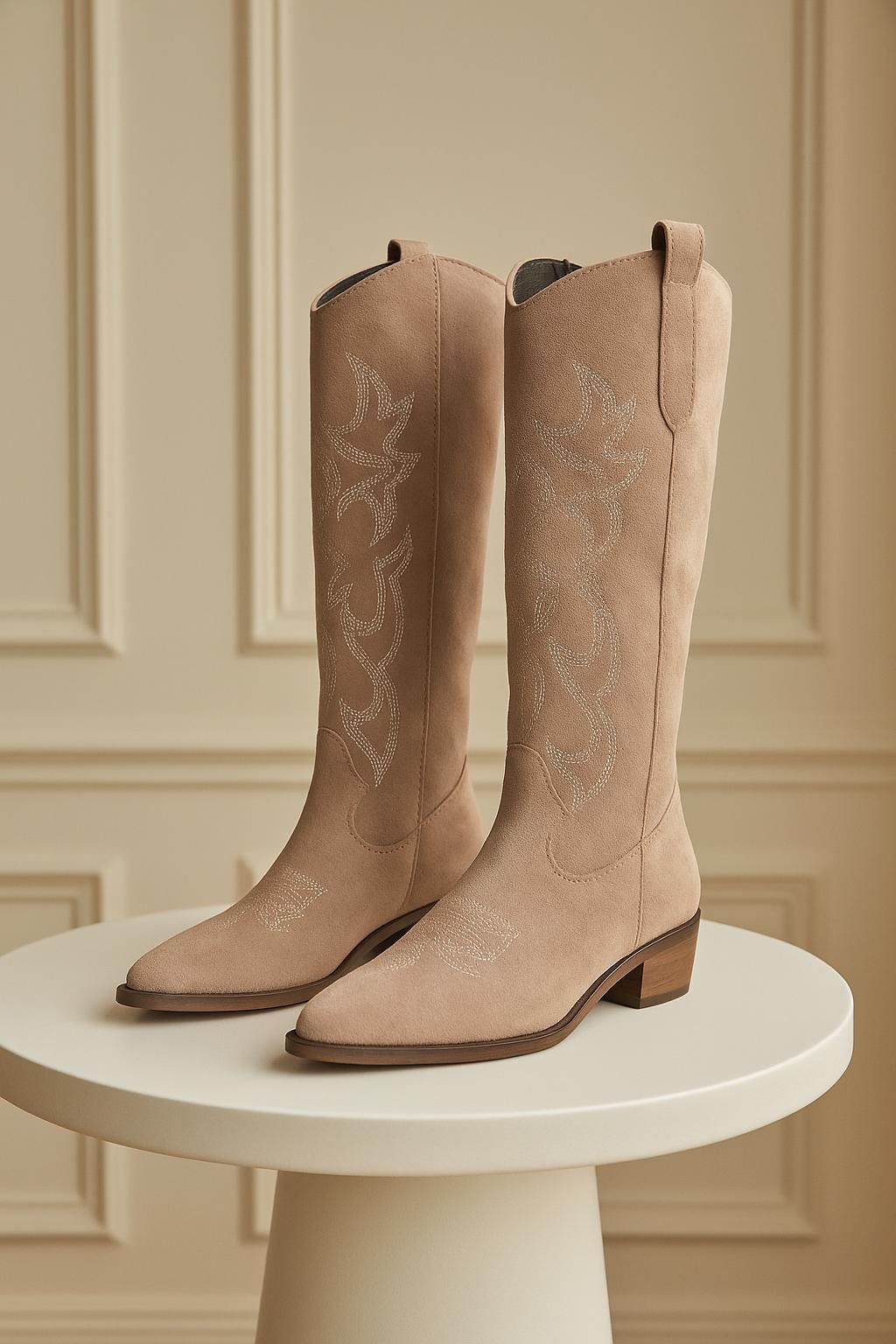 Cowboy Stiefeletten Stiefeletten Beige Flach Lederstiefeletten Im - Main Image