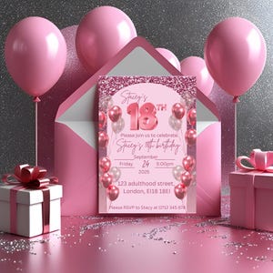 Invitation d'anniversaire rose | Modèle de toile modifiable | Invitation ballon scintillant | Téléchargement numérique | Faire-part d'anniversaire