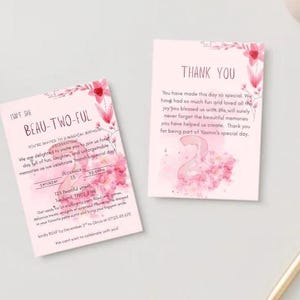 Convite e cartão de agradecimento para o 2º aniversário da Beau-Two-Ful | Conjunto floral rosa editável para aniversário | Download instantâneo | Modelo digital 5x7