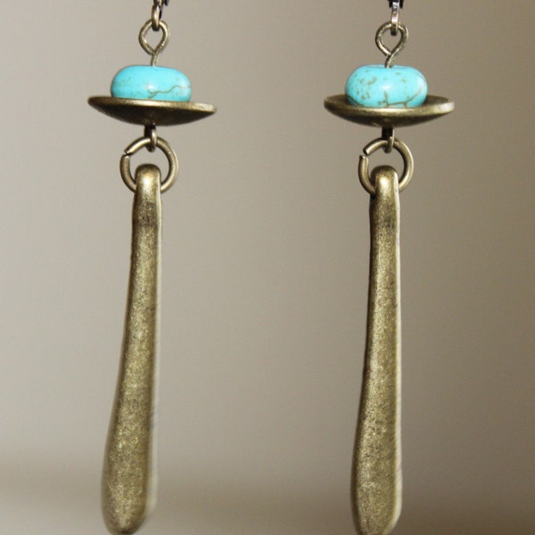 Antique Brass Earrings - Turquoise Earrings - Aztec Earrings - Tribal earrings - Ethnic Earrings - Dangle Earrings