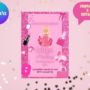 Barbie Birthday Invitation Template,Pink Glitter Party Invite for Girls,Glitter Pink Printable Invite for Girls,,girl invite, Digital file.