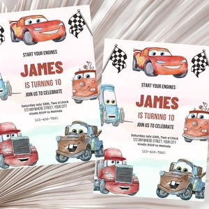 May include: Two birthday invitations with watercolour illustrations of cartoon cars, chequered flags, and the text "JAMES IS TURNING 10." The invitations include event details: date, time, location, and RSVP information.