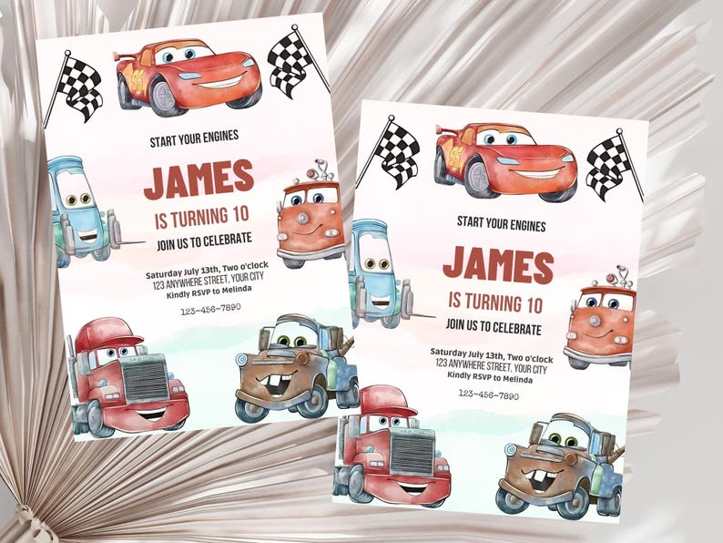 May include: Two birthday invitations with watercolour illustrations of cartoon cars, chequered flags, and the text "JAMES IS TURNING 10." The invitations include event details: date, time, location, and RSVP information.