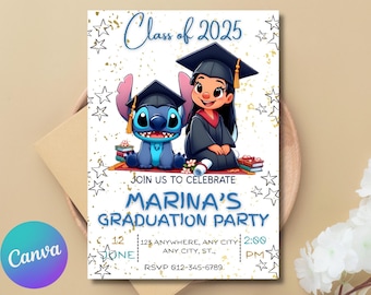 Lilo & Stitch Graduation Invitation |Kids School Kindergarten Graduation Party Printable | Hawaiian Luau Theme Invite Canva Download