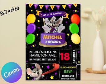 Edytowalny szablon zaproszenia urodzinowego Chuck E Cheese | Chuck Evite, drukowane zaproszenie na imprezę Chuck Cheese, edytowalne w Canva, natychmiastowe pobranie