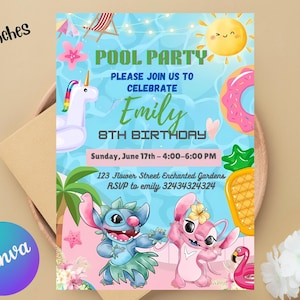Stitch Pool Party Geburtstagseinladung für Mädchen Editable Stitch und Angel Pool Einladung Hawaii-Party Geburtstagseinladung Mädchenparty