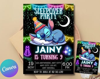 Stitch Sleepover Birthday Invitation | Stitch Slumber Neon Party Invitation | Glitter Angel Invitation Download | DIGITAL Editable