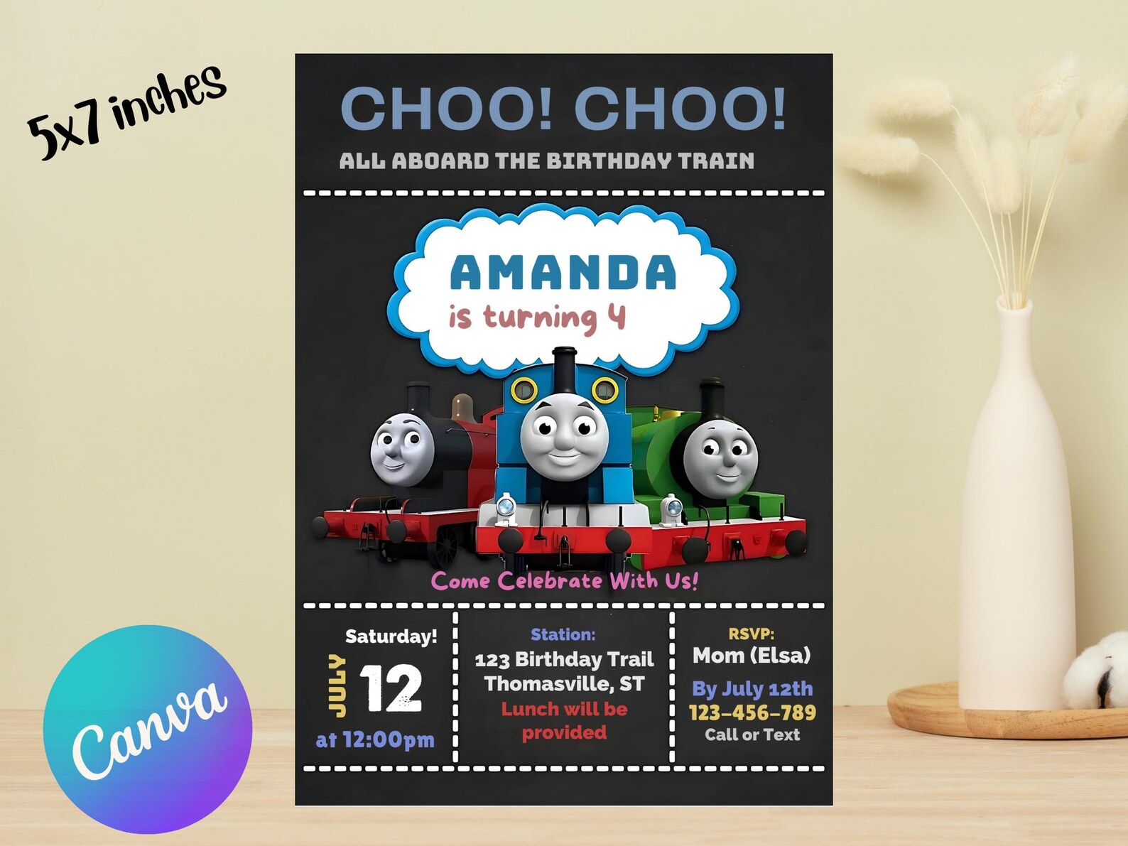 Editable Thomas the Tank Engine Birthday Invitation | Canva Digital ...