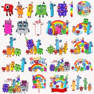 以下が含まれることがあります： 1から10までの数字を表す、カラフルなNumberblocksのキャラクターのコレクション。画像には、虹と「Number Blocks」と「Happy Birthday」のテキストを含むさまざまなシーンが含まれています。