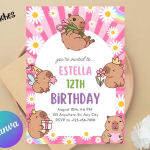 Capybara Birthday Invitation, cute pink Capy Birthday, preppy smile Teen Party, Animals Kid&#39;s Birthday girl Theme, Canva Editable Template