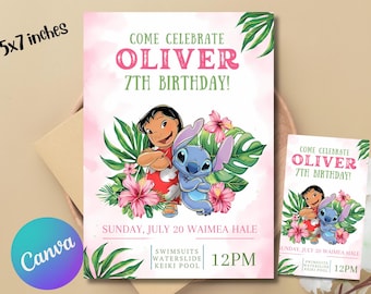 Invitación de cumpleaños de Lilo y Stitch / Invitación de fiesta hawaiana editable / Hermosa invitación para el cumpleaños de tu pequeño / Lilo y Stitch