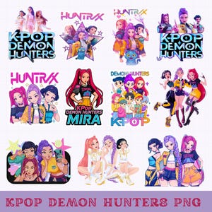 May include: A collection of colorful K-Pop-themed digital art designs. The images feature stylized illustrations of anime-style characters, logos, and text elements, including "KPOP DEMON HUNTERS" and "HUNTRAX". The designs are vibrant and eye-catching.