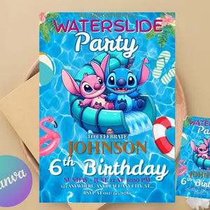 Invito di compleanno per la piscina di Stitch Lilo / Invito per la festa con scivolo d'acqua di Stitch Angel / Invito per la piscina di Stitch Lilo da scaricare / DIGITALE