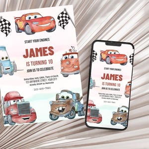 May include: A birthday invitation with cartoon car illustrations. The text reads "JAMES IS TURNING 10" with event details. A smartphone shows the same design. Checkered flags are also included in the design.