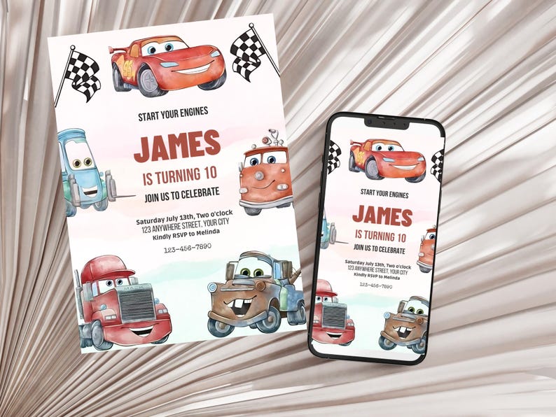 May include: A birthday invitation with cartoon car illustrations. The text reads "JAMES IS TURNING 10" with event details. A smartphone shows the same design. Checkered flags are also included in the design.